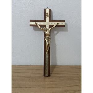 Wooden Crucifix with Metallic Corpus | Gold-Tone or Iridescent‎ Cream Inlay